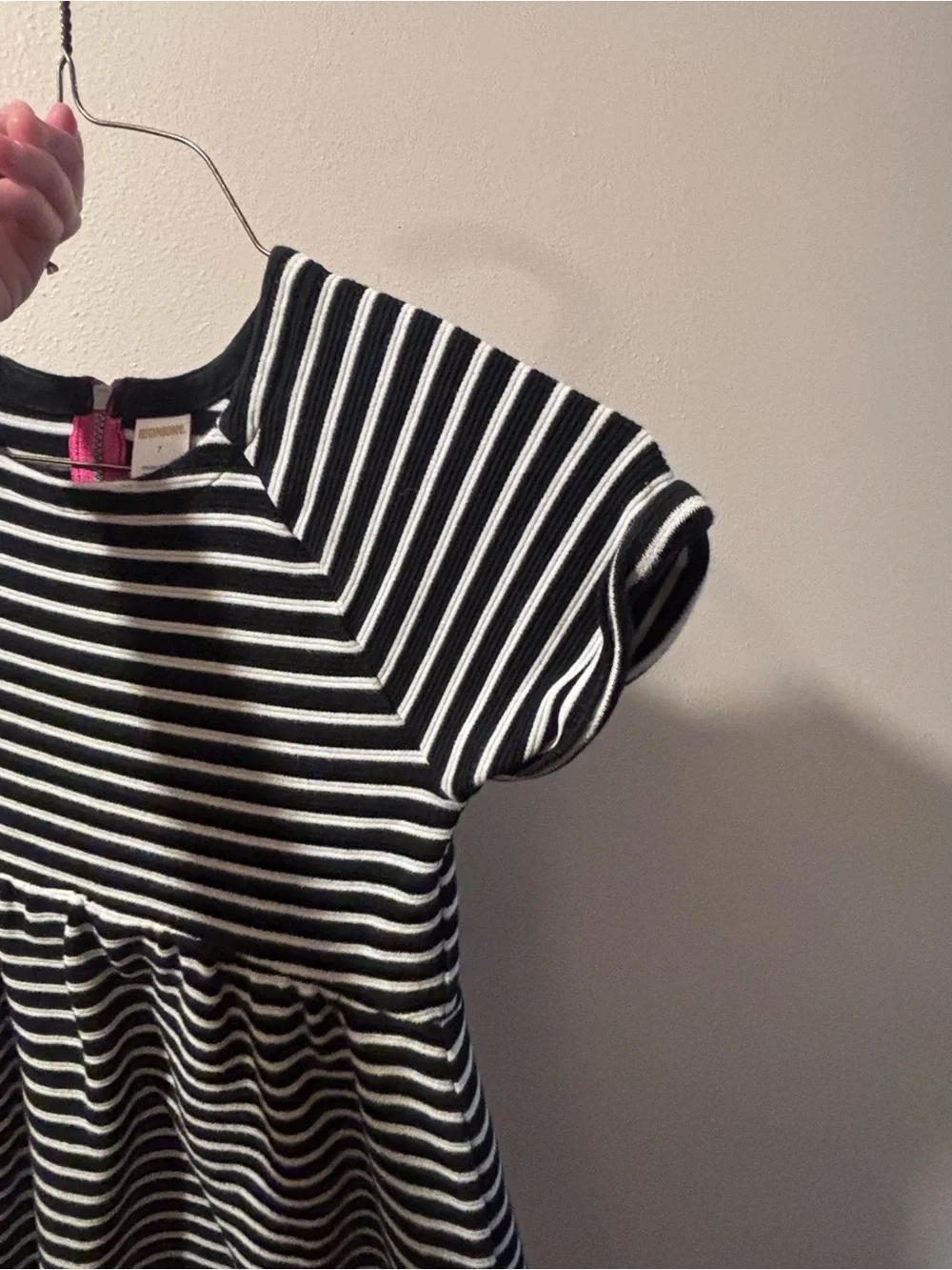 Gymboree Girls Size 7 Black/White Striped Knit Dress Pink Back Zip